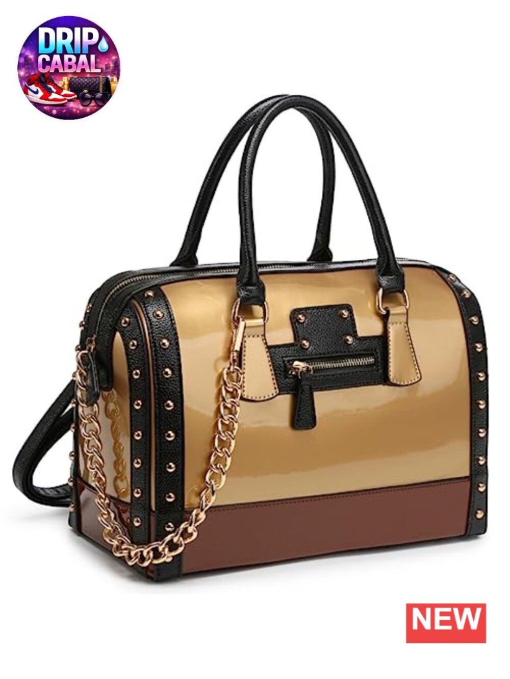 Patent Faux Leather Barrel Satchel Handbag Rivet Top Handle Shoulder Purse